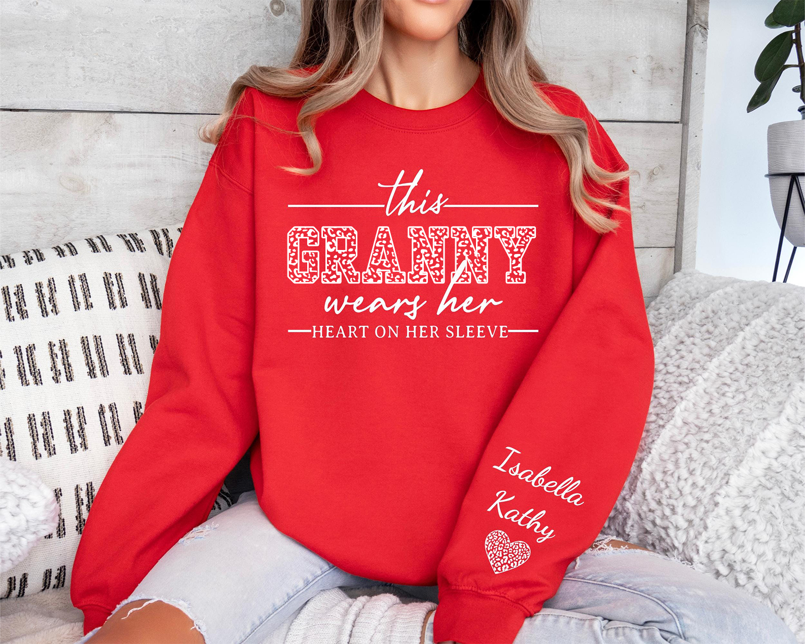 This Granny Wears Her Heart On Her Sleeve-Custom Sweatshirt With Kids Name